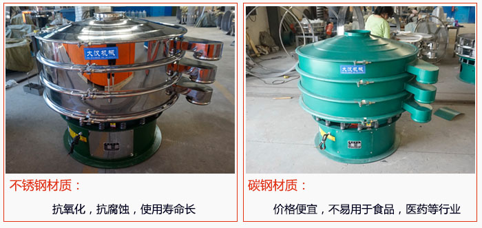 800型振動(dòng)篩有不銹鋼和碳鋼兩種材質(zhì)，不銹鋼材質(zhì)：抗氧化，抗腐蝕，使用壽命長(zhǎng) 碳鋼材質(zhì)：價(jià)格便宜，不易篩分食品，化工，醫(yī)藥等行業(yè)的物料。