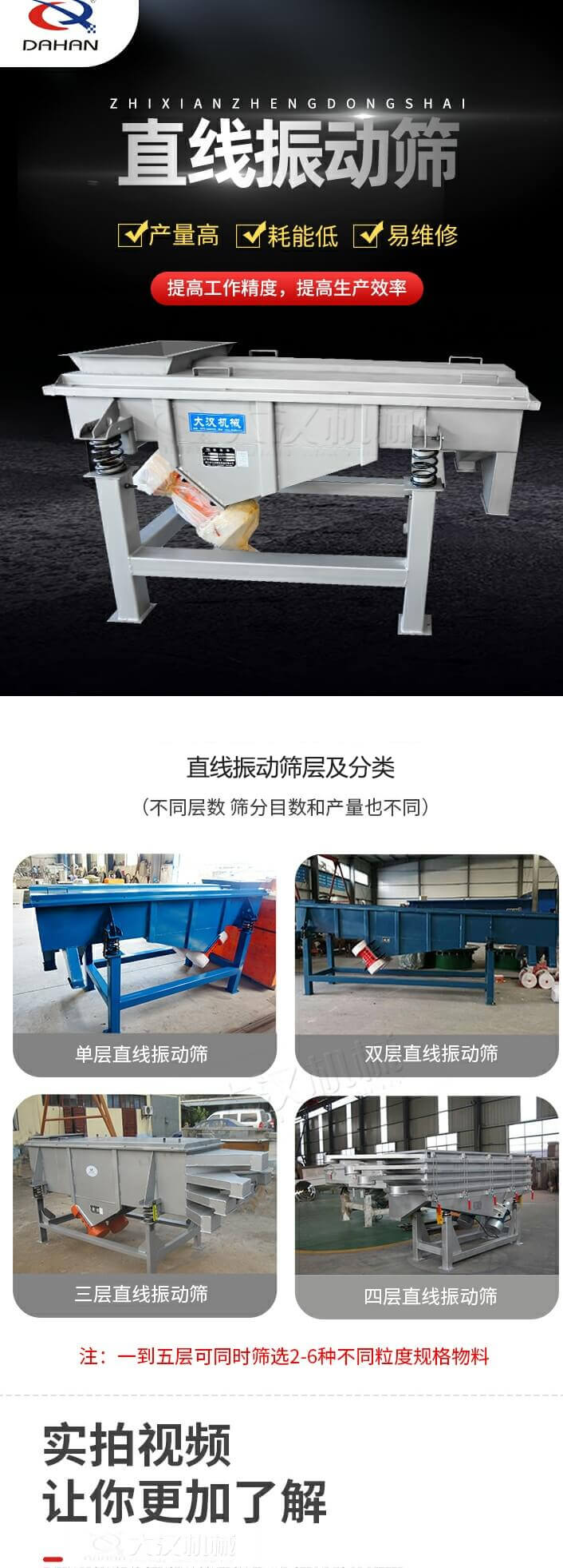 直線振動篩概述，產(chǎn)量高，耗能低，易維修，提高工作精度，提高生產(chǎn)效率，直線振動篩層級分類：不同層數(shù)，篩分目數(shù)和產(chǎn)量也不同：單層，雙層，三層，四層等。